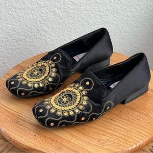 Red By Ramon Tenza Black Satin Gold Sequin Embroidered Loafer Flats 6.5 M